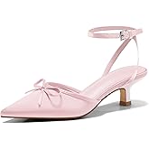 Coutgo Satin Kitten Low Heels with Bow Closed Pointed Toe Short Pumps Dress Wedding Party Shoes