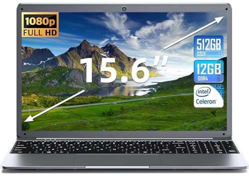 SGIN Laptops, 15.6 Inch 12GB DDR4 512GB SSD Laptop Computer with Intel Celeron N5095 Processor(Up to 2.9GHz), FHD 1920x1080 Display, Bluetooth 4.2, WiFi, Webcam, USB 3.0, Gray