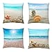 Wonder4 Decorative Throw Pillow Covers Set of 4 Cotton Linen Cushion Covers 18 x 18 inch Throw Pillow Case Home Decor Patio Pillow Cover with Conches, Starfishes, Stones, Sunshine, Sea, Beach Pattern