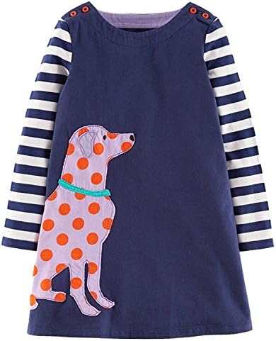 Girls Cotton Long Sleeve Dress Casual Cute Animal Pattern (3T/3-4YRS, Blue)
