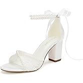 Lace Wedding Shoes for Bride Pearl Heels Bridal Shoes Block Heel Wedding Sandals