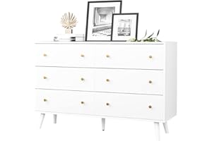 SINROM® White Dresser for Bedroom, White and Gold Dresser for Nursery with Gold Handles, Wide Wood 6 Drawers Dressers for Bedroom