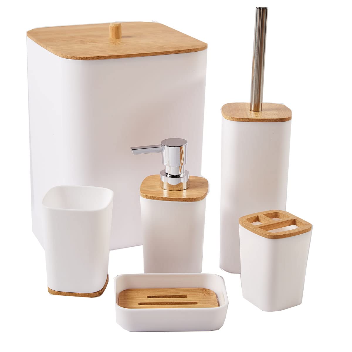 JETAINE 6 Pieces Bamboo Bathroom Accessories set, Luxury Modern Bathroom Accessory Bath Set, White Toilet Accessories w/Trash Can, Toothbrush Holder Cup, Soap Dish Holder, Soap Dispenser Gift