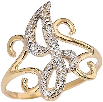 14k Yellow Gold Modern Cursive "J" Diamond Initial Ring (Size 8)