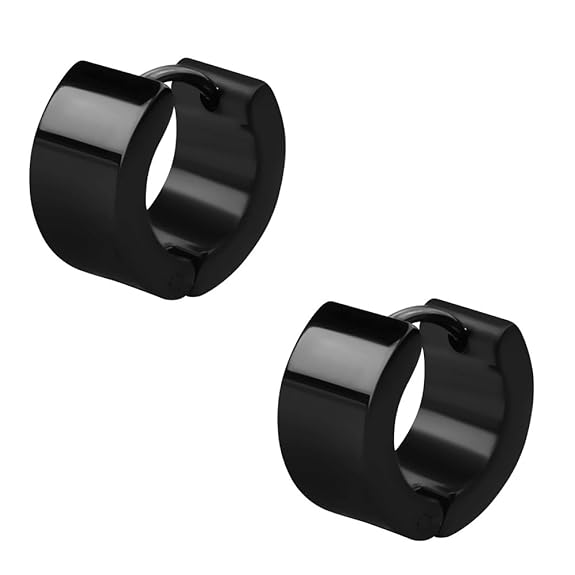 schmuxxi Breite Schwarze Edelstahl Creolen Ohrringe. Klapp-Creolen für Damen und Herren 13mm Durchmesser - 7mm breit (2 Stück