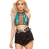 Clearance, Women Shiny Sequin Halter Neck Chest Wrap Sexy Club Rave Party Backless Vest Crop Top (S, Green)