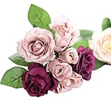 Iuhan 7 Heads Artificial Silk Fake Flowers Leaf Rose Wedding Floral Decor Bouquet (Purple)