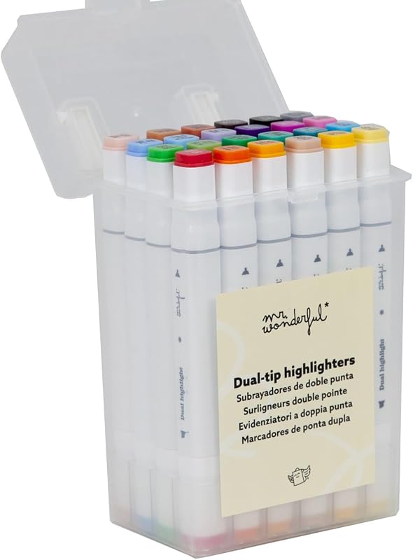 Mr Wonderful - Lot de 24 marqueurs de couleur à double pointe - Pointe fine pour écrire et pointe plus épaisse pour surligner le texte - Étui transparent