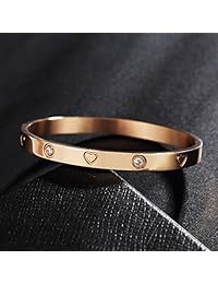 Brazalete chapado en oro de Mocalady Jewelry, con piedras artificiales, de acero inoxidable, para mujer, tamaño 6.7 pulgadas, regalo de San Valentín, base bañado en oro rosa, Rose gold, 4