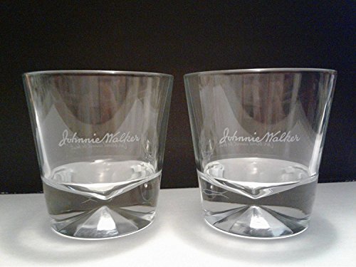 Set of 2 Johnnie Walker Black Label Scotch Whisky Script Logo Diamond Pattern Heavy Base Round Lowball Rocks Glasses