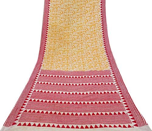 Vintage Indian Pure Cotton Sari Women Printed Craft Cream Saree Fabric 5YD