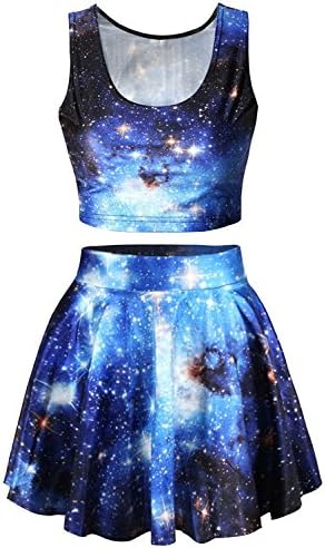 Yisqzjzj The Popular Galaxy Print Crop Tank Top/Pleated Skater Skirts Set For Women Flowers Print Shipping from USA about 2-3 days