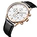 BINGER Men's Date Multifunction Chronograph Watches with Stopwatch Timer Black Leather Strap (white dial rose gold case)