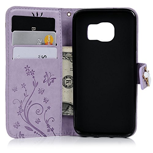 Galaxy S7 Case, Mavis's Diary 3D Handmade Embossed Wallet Bling Diamonds Butterfly Flowers PU Leather Magnetic Flip Folio Protective Shockproof Cover Card Holders - Purple
