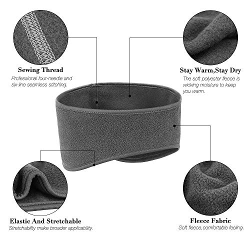 KOMAKE Ear Warmers Headband, 2 Pack Earmuff Headband Fleece Earmuffs Sport Headband Winter Ear Covers Moisture Wicking Sweatband Ski Running Headband for Men & Women (Black+Gray)