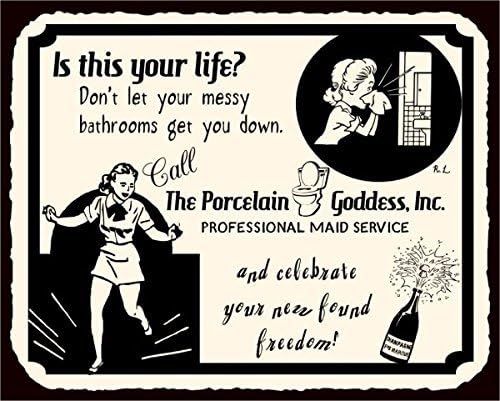 DOGT Porcelain Goddess Maid Service Funny Metal Bathroom Retro Metal Tin Sign 7.8X11.8 INCH