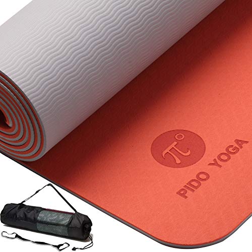WWWW pido TPE Yoga Mat ECO Friendly SGS Certified Non Slip Yoga Mat with Carring Strap and Bag,72″x24″ Thichness 1/4″ for Yoga Pilates Fitness Exercise(Orange + Grey)