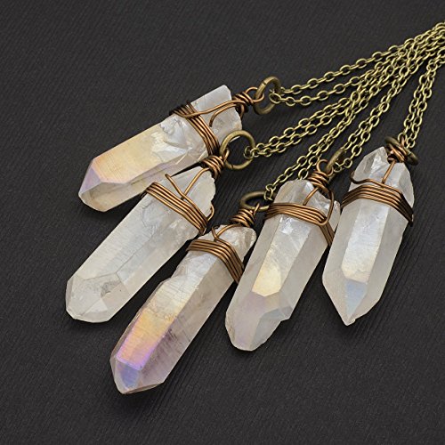 Raw white aurora borealis crystal aura quartz point antique bronze chain pendant necklace 24 in