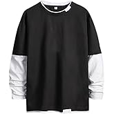 Fashion Loose Fit Long Sleeve T Shirt for Men Fake Two-Piece Crew Neck Commute Pullover Color Block Camping T Shirts