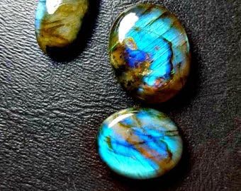 3pc Lot of AAA Blue and Rainbow Flash Labradorite Cabochon Lot. Madagascar.