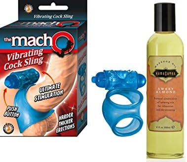 Gift Set of The Macho Vibrating Cocksling Blue And Kama Sutra Massage Oil (8oz Sweet Almond)