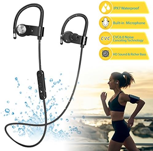 Bluetooth Headphones Wireless IPX7 Waterproof Earphones w/ Stereo and Bass, Built-in Microphone, Noise Cancelling, 8-10 Hours Play Time, Sweatproof Sport Headset Earbuds for Running, Workout, Gym