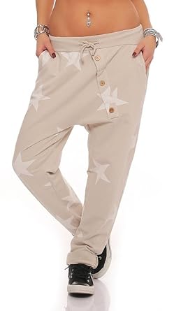 Mississhop Damen Hose Sweatpants Jogginghose Baumwolle Freizeithose Boyfriend Baggy Haremshose Sternen Print mit Gummibund