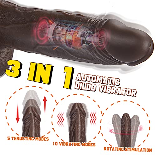 Thrusting Dildo Vibrator Sex Toy with 5 Powerful Telescopic Speeds &10 Vibrations, Black Realistic Vibrating Dildo for G-Spot Anal Stimulation, Thick Vibrating Dildo for Woman Masturbation Adult Toy