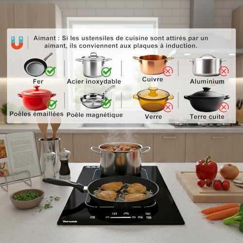 Topwish Induction hob with 2 burners, induction hob, flexible zones, built-in hob, 30 cm, with booster, 9 levels, timer, child safety, automatic switch-off, warm keep, 3500 W | Table de cuisson encastrable 30cm, avec Booster, 9 Niveaux, Minuterie, Sécurité Enfant, Arrêt automatique, Maintien au chaud