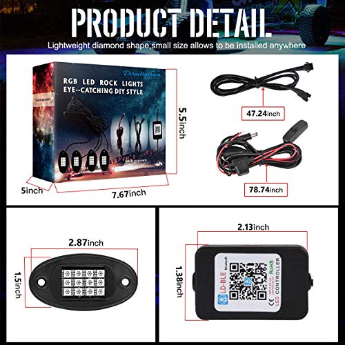 Directtyteam RGB LED Rock Lights Bluetooth Control, 12V 20W Multicolor Neon LED Light Kits IP68 Waterproof Timing Function Music Mode For JEEP Off Road Truck Car ATV SUV Motorcycle(4 Pairs) - Thumbnail 4