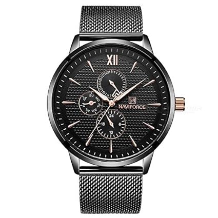 NAVIFORCE NF3003 Men Watch Brand Stylish Waterproof Stainless Steel Mesh Band Six Hands 24 Hour Date Week Display Adjustable Buckle Quartz Watch