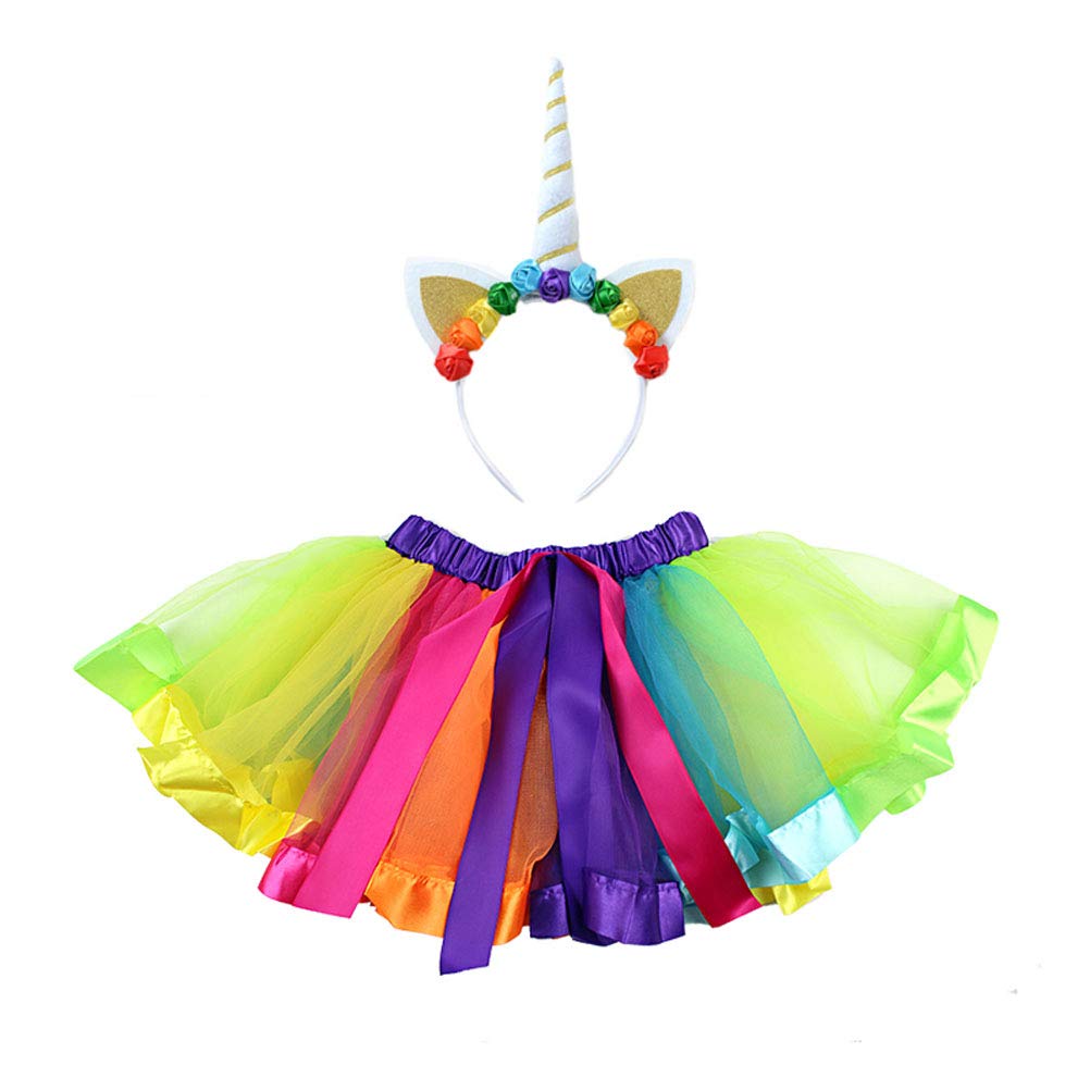 Amosfun Girls Tutu Skirt with Unicorn Horn Headband for Birthday Party Performance Unicorn Gifts, Unicorn Party Supplies