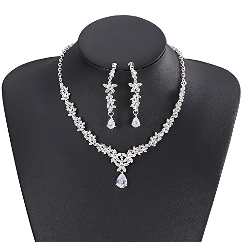 LILIE&WHITE Bridal Rhinestone Jewelry Set For Women with Necklace Earrings in Flower Cubic Zincon Clip - Thumbnail 3