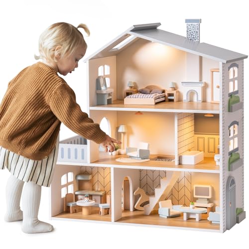 ROBOTIME Wooden Dollhouse with 29 Pcs Furniture, 6 Rooms,Age 3+
