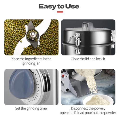 Carivia Molino de granos eléctrico 800g,Molino granos acero inoxidable 304,Molinos especias comerciales alta velocidad de 3000W para trigo seco, avena, maíz, pimienta y granos café