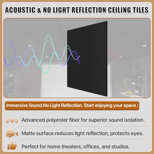 LooYee 24 PCS Black Polyester Fiber Acoustic Ceiling Tiles Reduce Light Reflection 2 X 2 Ft Sound Proof Ceiling Panels Moisture Resistant Ideal for Home Theater Office Basement Cover 96 Sq.Ft