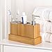 Bamboo Vanity Caddy Bath Countertop Organizer Set - Soap Pump - Toothbrush Holder - Stainless Steel Finish - Removable Ceramic Interior - Hand Made Modern Luxury Decor by Maxtir (Bamboo, 4-Piece)