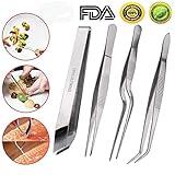 Ferbixo Tongs Tweezers, 4-Piece Set 5.5 Inches Stainless Steel Tongs Tweezer With Chef Cooking Utensils/Precision Serrated Tips/Medical Beauty Utensils/Tool Sets, Silver