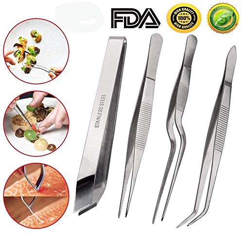Ferbixo Tongs Tweezers, 4-Piece Set 5.5 Inches Stainless Steel Tongs Tweezer With Chef Cooking Utensils/Precision Serrated Tips/Medical Beauty Utensils/Tool Sets, Silver