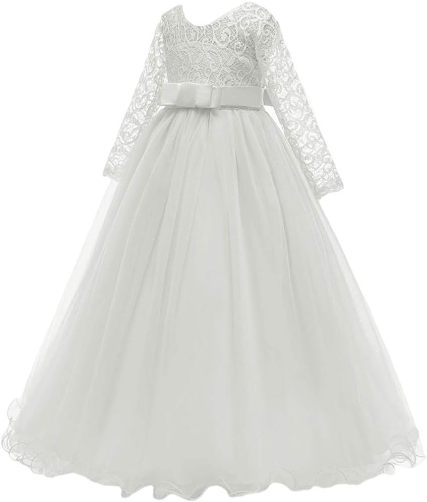 Kids Lace Long Maxi Dress Applique Flower Embroidered Communion Dresses Cute Prom Wedding Bridesmaid Princess Dress Floor Length Layered Puffy Tulle Gowns