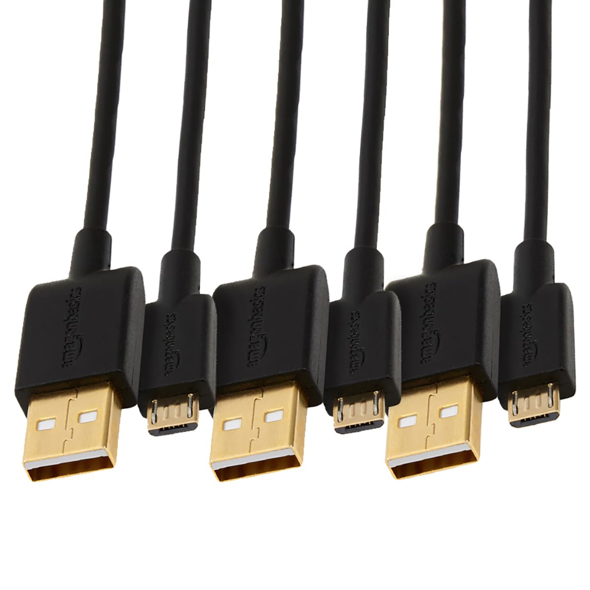 Amazon Basics 3-Pack USB-A to Micro USB Charging Cable, 480Mbps Transfer Speed with Gold-Plated Plugs, USB 2.0, 0.9 m, Black — image 1
