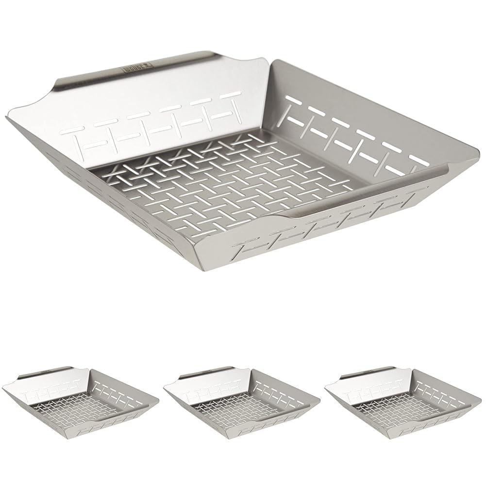 Weber Deluxe Grilling Basket – Stainless Steel Grill Basket for Vegetables,Seafood & Small Foods,Durable BBQ Cooking Accessory for Charcoal and Gas Grills,(Pack of 4) Image
