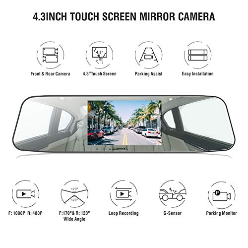 Jeemak Backup Camera 4.3” Touch Screen Mirror Dash Cam 1080P Rearview Front and Rear Dual Lens Dashboard Recorder with Waterproof Reversing Camera