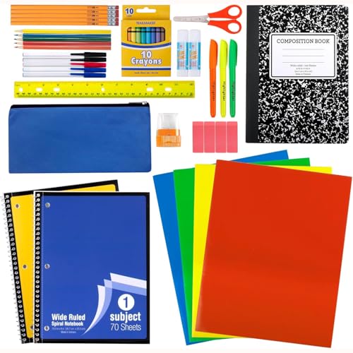 Trail maker Bulk Elementary School Supply Kits, 12 Packs of 45 Piece Wholesale School Supplies for Kids Includes Folders Notebooks Pencils Pens and Much More!