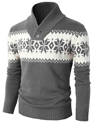 H2H Men Active Slim Fit Shawl Collar Pullover Sweater Gray US 3XL/Asia 4XL (KMOSWL0102)