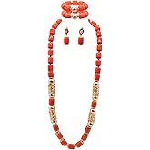 Hibeads Nigerian Wedding African Beads Jewelry Set Women Imitation Coral Bead and Gold Accessorise 36 Inch Long Necklace Earrings and Bracelet