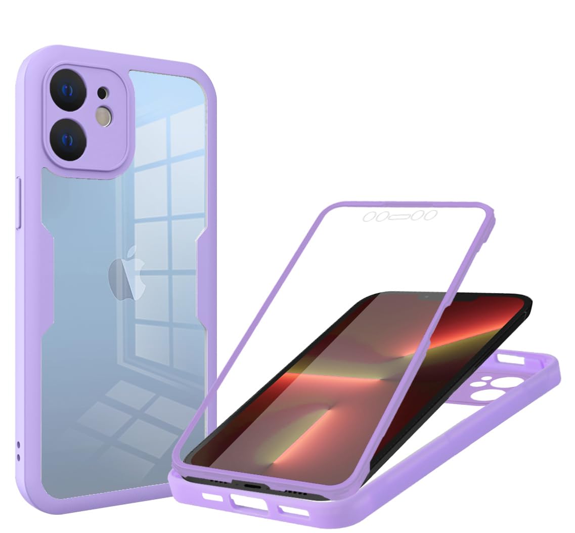 Draamvol for iPhone 12 Case Built-in Screen Protector Clear Silicone Bumper Cover Shockproof 360°Full Body Drop Protection Transparent Cover for iPhone 12 Phone Case, Purple