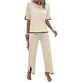 Aokivvy Womens 2 Piece Outfits Summer Sweater Sets Short Sleeve Knit Pullover Tops Wide Leg Pants Lounge Sets Tracksuits