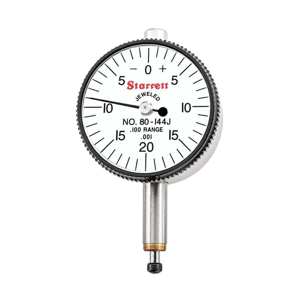 Starrett 80-144J Miniature Dial Indicator, 0.2185" Stem Diameter, Lug-On-Centre Back, White Dial, 0-20-0 Reading, 1.25" Dial Diameter, 0-0.1" Range, 0.001" Graduation