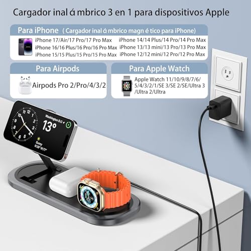 Cargador inalámbrico 3 en 1, estación de carga plegable para Magsafe para iPhone 17/Air/16/15/14/13/12 Serie, Apple Watch 11/10/9/8/7/SE 3/SE 2/SE/6/5/4/3/2/1/Ultra 3/Ultra 2/Ultra, AirPods pro/2/3/4